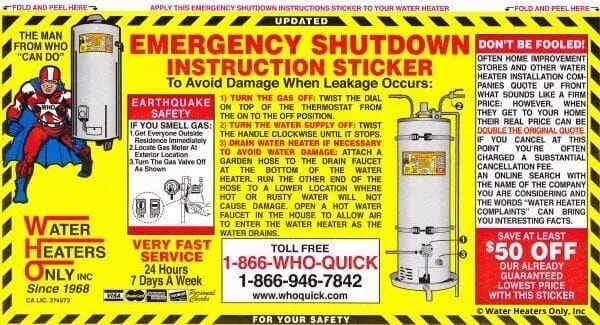 The W.H.O. Emergency Water Heater Shutdown Instruction Sticker